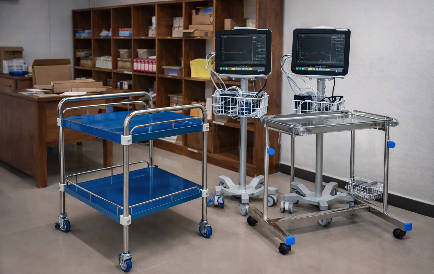 Modern medical equipment showroom displaying various diagnostic and monitoring devices