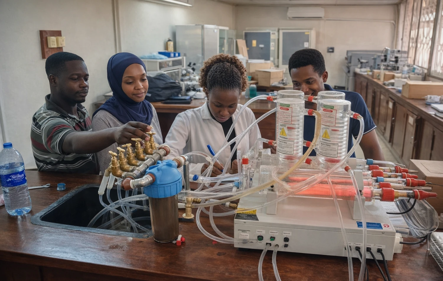 Professional technicians installing advanced medical equipment in hospital laboratory setting
